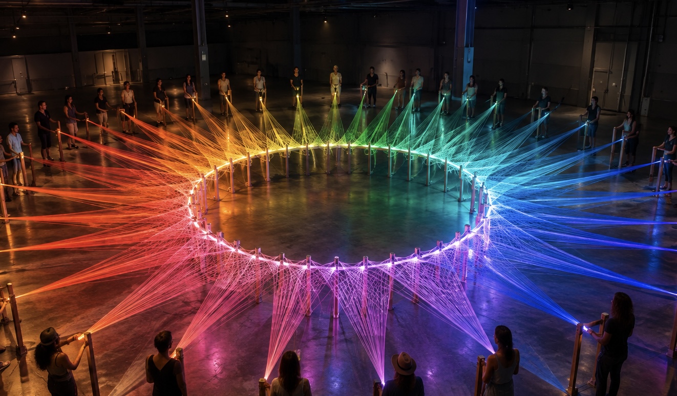 Visitors standing around a large circular web of glowing rainbow strings, seen from above in a darkened warehouse