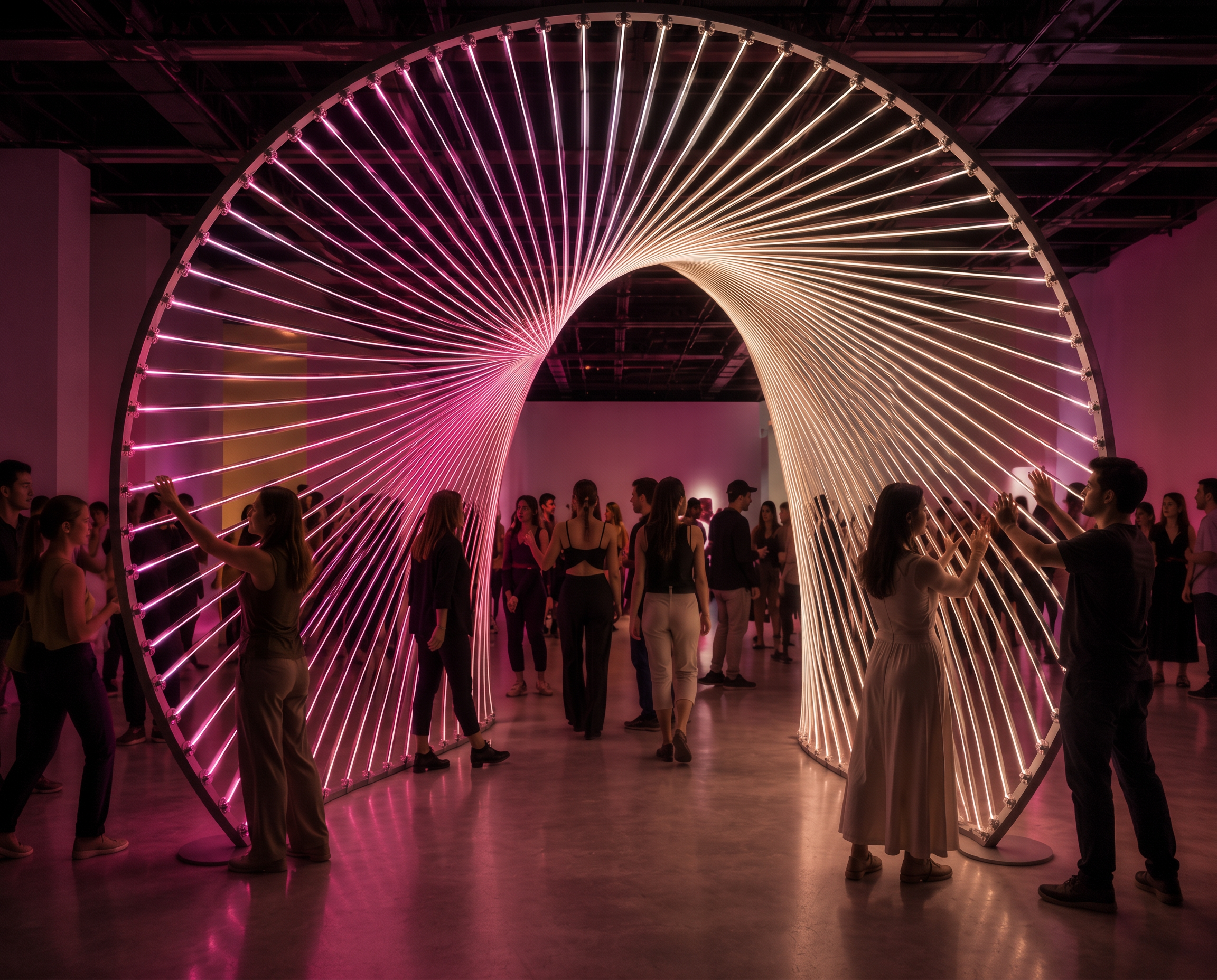Elastic Light — a glowing arch of luminous strands, visitors reaching in to touch the light